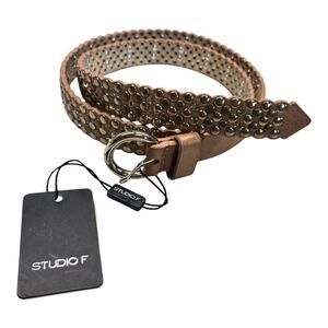 Studio F Faux Leather Belt Brown Goldtone Studded Amber Rhinestones Bling NEW